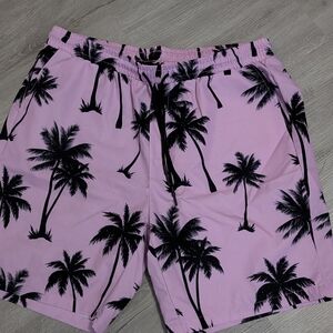 SHEIN Pink and Black Palm Tree Swim Shorts